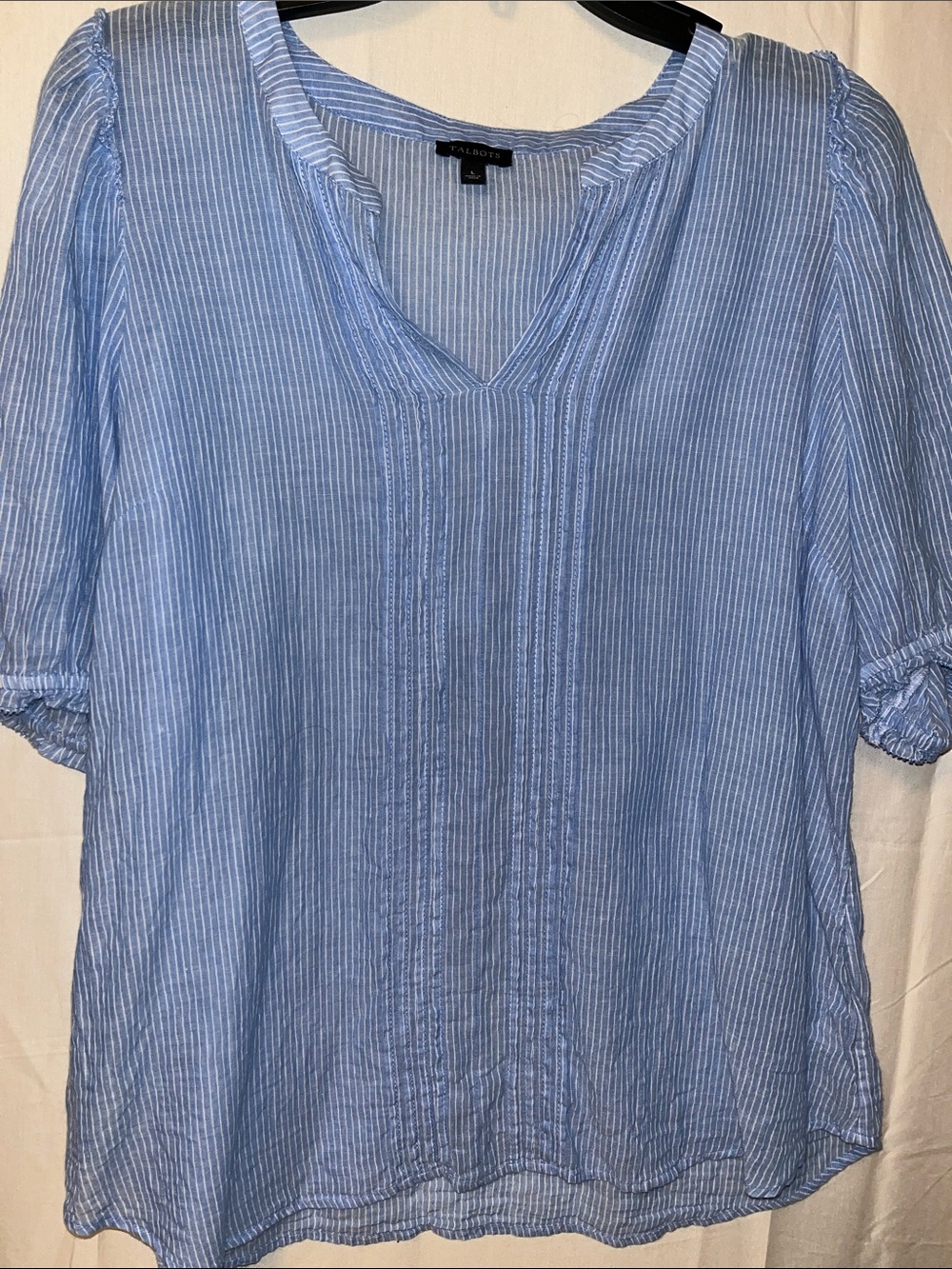Talbots Blue and White Pinstripe V-Neck Peasant Blouse